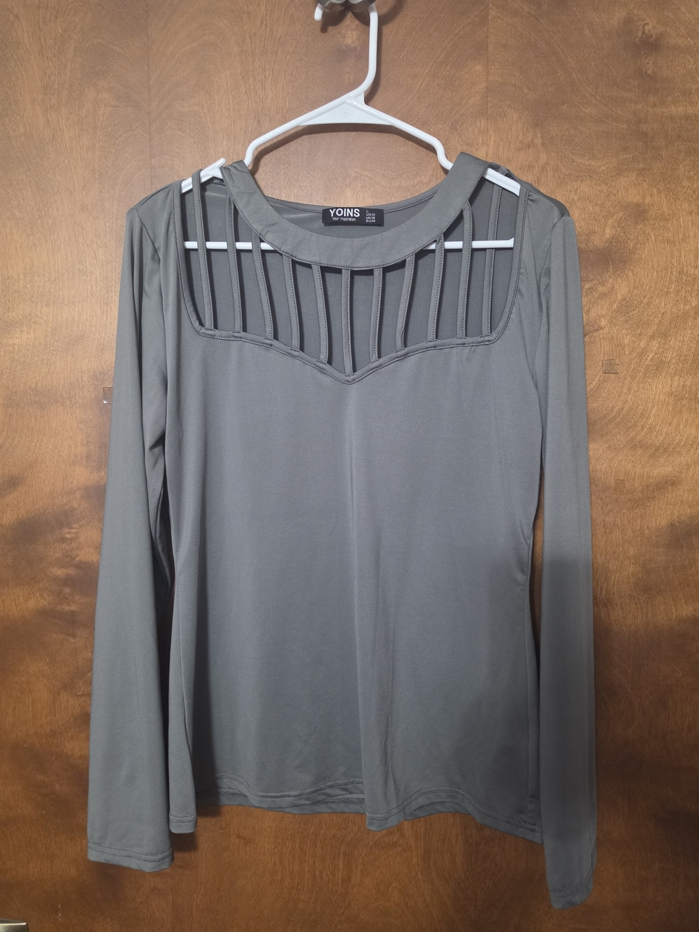 YOINS Olive Gray Long Sleeve Cutout Yoke Top